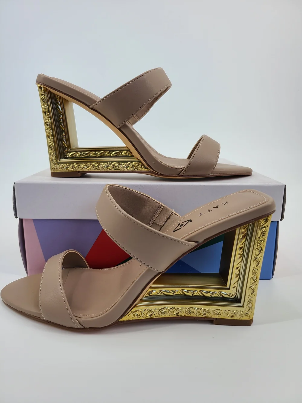 Katy Perry Collections Nude Wedge With Ornate Frame Heel Size 5.5
